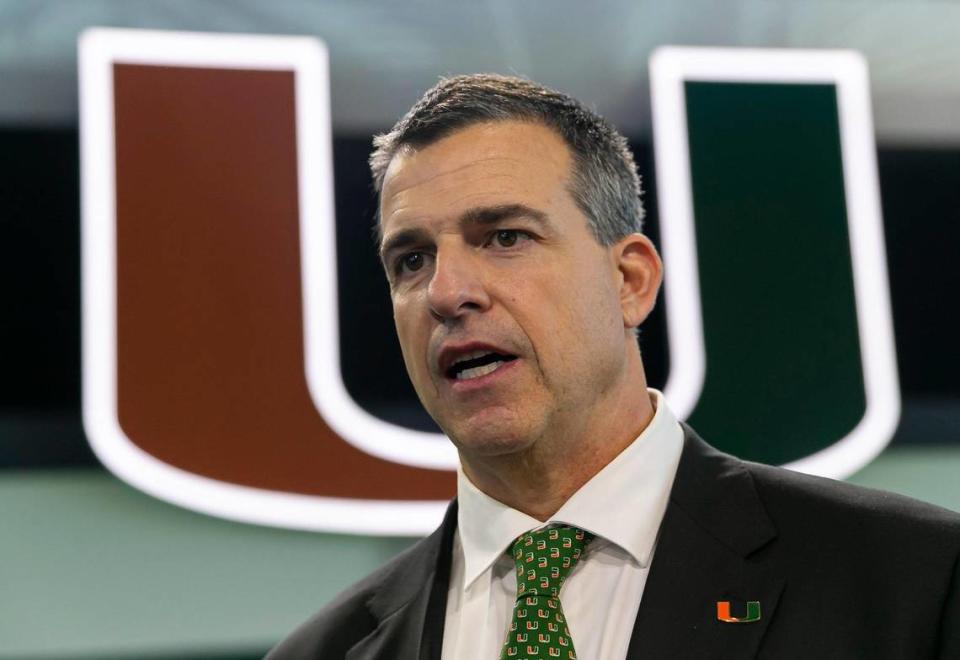 Mario Cristobal, the newly hired head football coach of the Miami Hurricanes, talks to the media after holding a press conference at the Carol Soffer Indoor Practice Facility inside the University of Miami in Coral Gables, Florida on Tuesday, December 7, 2021.