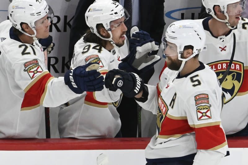 Florida Panthers defenseman Aaron Ekblad (5) logged an assist in a win over the Boston Bruins on Sunday in Boston. File Photo by Archie Carpenter/UPI