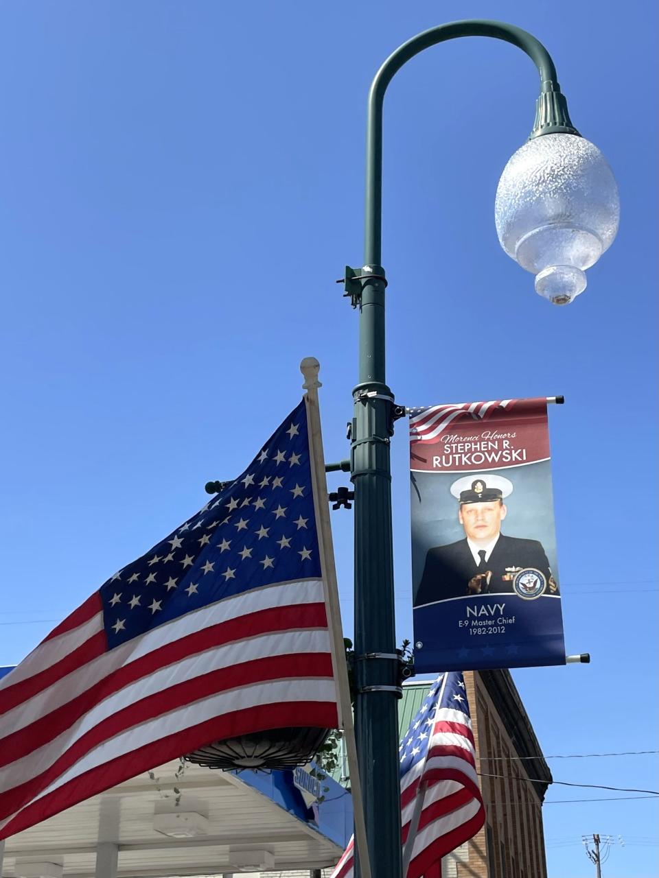 This banner of Stephen Rutkowski, who served 30 years in the United States Navy, was one of the first created when Morenci started its Hometown Heroes banner program in 2023.
