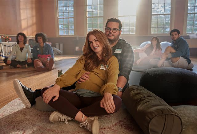 <p>Narelle Portanier/Peacock</p> Isla Fisher and Josh Gad in season 2 of 'Wolf Like Me'