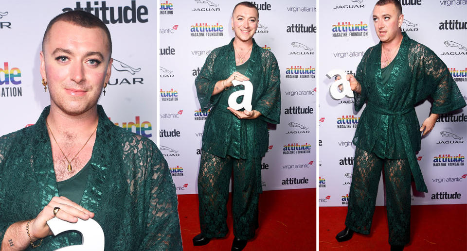 Sam Smith wore lace and silk lingerie for the Attitude Awards. [Photo: Getty]