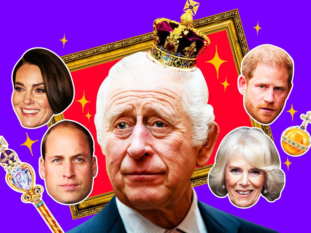 Charles in Charge Series: King Charles with Imperial State Crown on head surrounded by Queen Camilla, Prince William, Kate Middleton, and Prince Harry