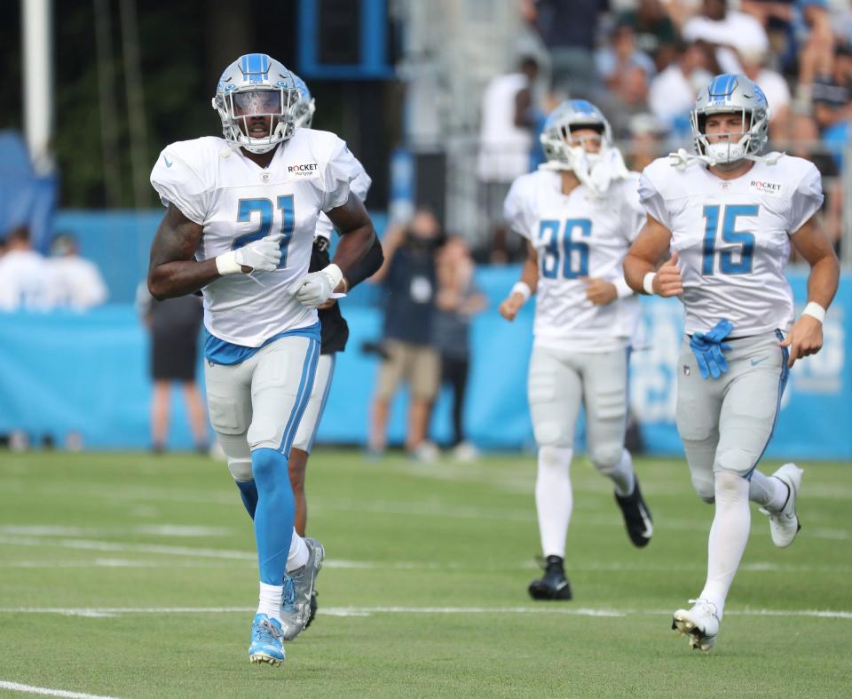 Lions defensive back Tracy Walker on the field during camp's first practice with pads Aug. 1, 2022 in Allen Park.