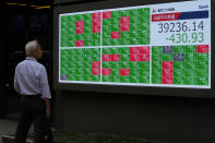A passerby looks at an electronic stock board showing Japan's Nikkei 225 index at a securities firm Thursday, June 27, 2024 in Tokyo. (AP Photo/Shuji Kajiyama)
