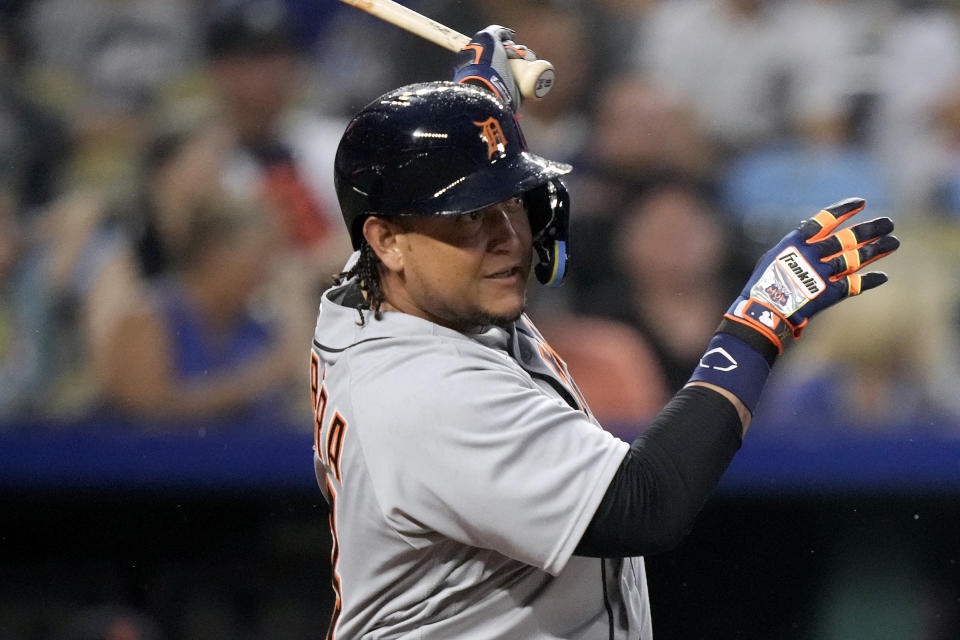 Detroit Tigers' Miguel Cabrera watches his RBI single during the sixth inning of a baseball game against the Kansas City Royals Wednesday, July 19, 2023, in Kansas City, Mo. (AP Photo/Charlie Riedel)