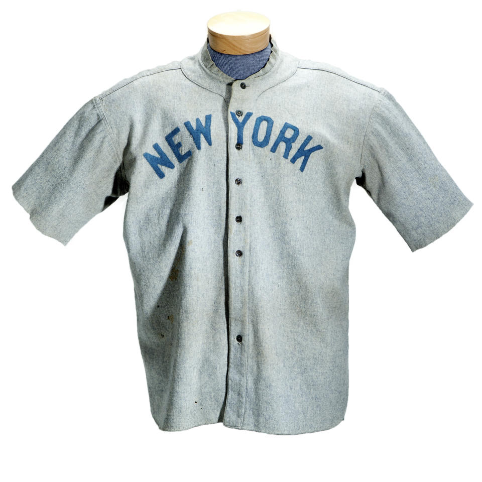 This undated photo provided by SCP Auctions shows a circa 1920 New York Yankees baseball jersey worn by Babe Ruth that sold for more than $4.4 million at auction, Sunday, May 20, 2012. SCP Auctions says the uniform top is the earliest known jersey worn by Ruth and set a record for any item of sports memorabilia. (AP Photo/SCP Auctions)