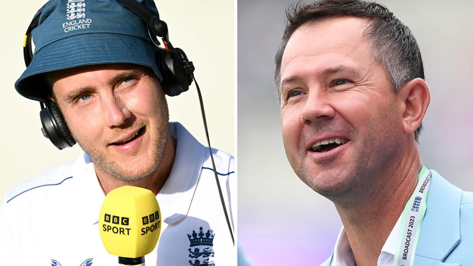 England star Stuart Broad has hit back at swipes from Aussie cricket legends Ricky Ponting (right) and Matthew Hayden (not pictured). Pic: Getty