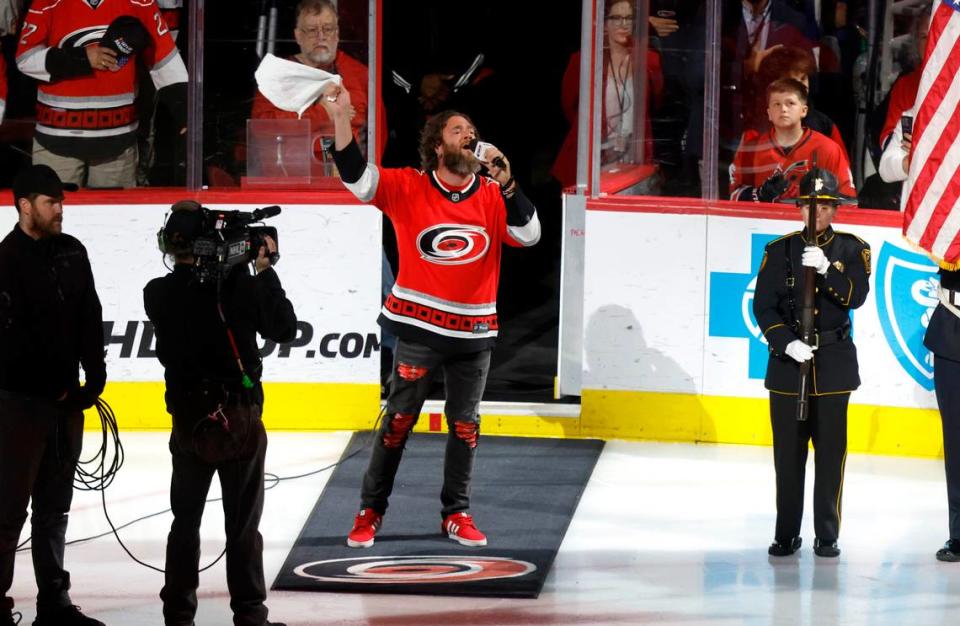 Adam Lee Decker finishes singing the National Anthem before game two between the Carolina Hurricanes and Florida Panthers in the Eastern Conference Finals at PNC Arena in Raleigh on Saturday, May 20, 2023.