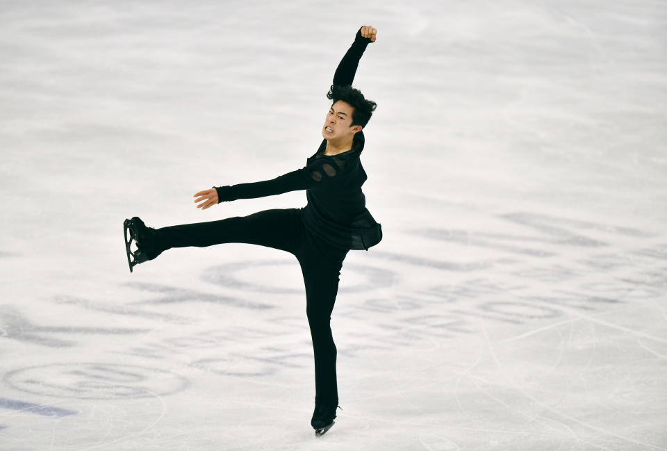 Nathan Chen of the USA performs during the Men Free Skating Program at the Figure Skating World Championships in Stockholm, Sweden, Saturday, March 27, 2021. (AP Photo/Martin Meissner)