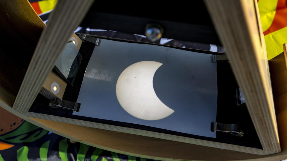 A view of the annular solar eclipse is seen on a Sunspotter telescope at Caspers Wilderness Park in San Juan Capistrano, Calif., on Oct. 14, 2023.  / Credit: Mark Rightmire/Digital First Media/Orange County Register via Getty Images