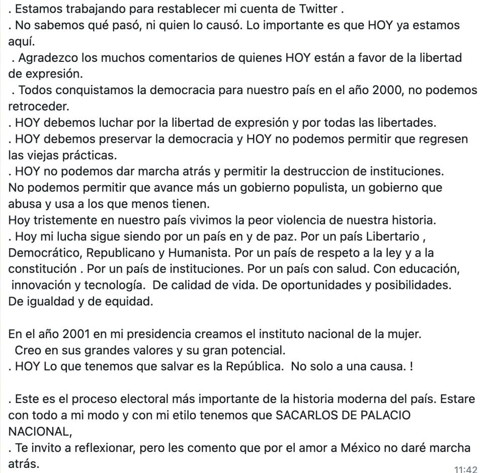 El pronunciamiento del expresidente Vicente Fox tras el cierre de su cuenta en X (antes Twitter), el cual fue enviado a periodistas como Joaquí López-Dóriga y Adela Micha.a