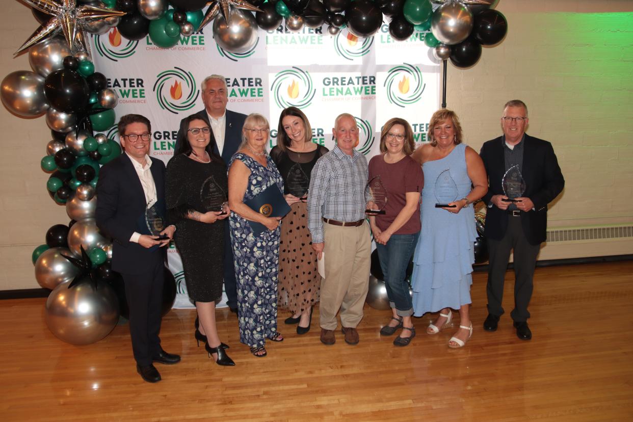 Recipients of the Greater Lenawee Chamber of Commerce's annual awards pose for a photo during the ceremony May 1 at the Adrian Armory Events Center. Pictured from left are Josh Tejkl, Kandice Karll-Newsome, Keith Chapman, Marty Schoonover, Amanda Gibson, Matt Carpenter, Kara Harris, Janis Montalvo and Paul Pfeiffer.