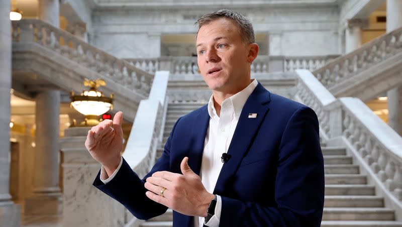 1st Congressional District Rep. Blake Moore, R-Utah, talks to the media at the Capitol in Salt Lake City on Jan. 3, 2024. Moore introduced a bipartisan bill on Thursday, Jan. 11, 2024, that would reform the federal budgeting process.