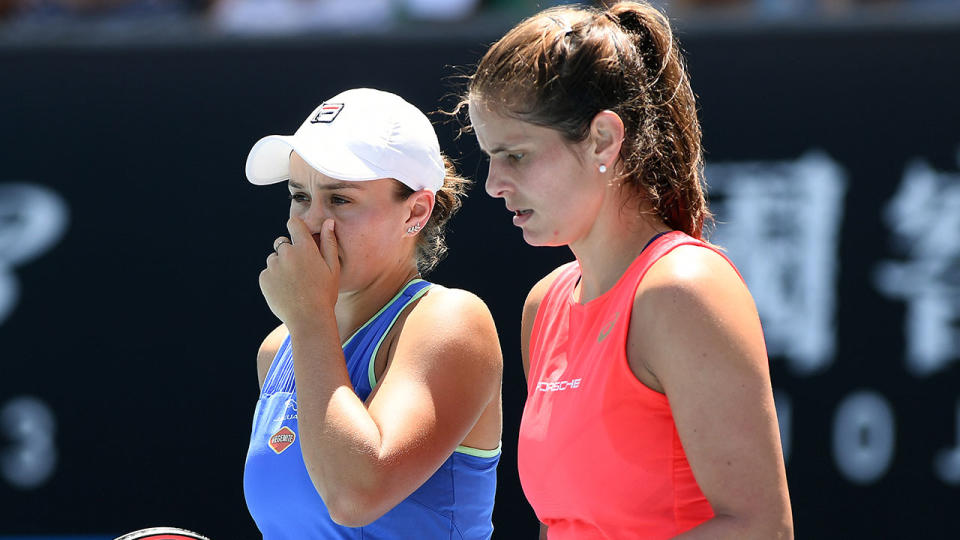 Ashleigh Barty and Julia Goerges play in their during their Women's Doubles second round match against Timea Babos and Kristina Mladenovic on day six of the 2020 Australian Open. (Photo by Jaimi Chisholm/2020 Getty Images)