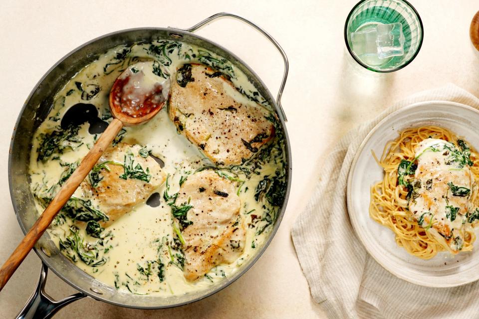 a photo of one of EatingWell's latest cookware pans with creamy chicken cooked in it alongside a plate with pasta topped with the creamy chicken