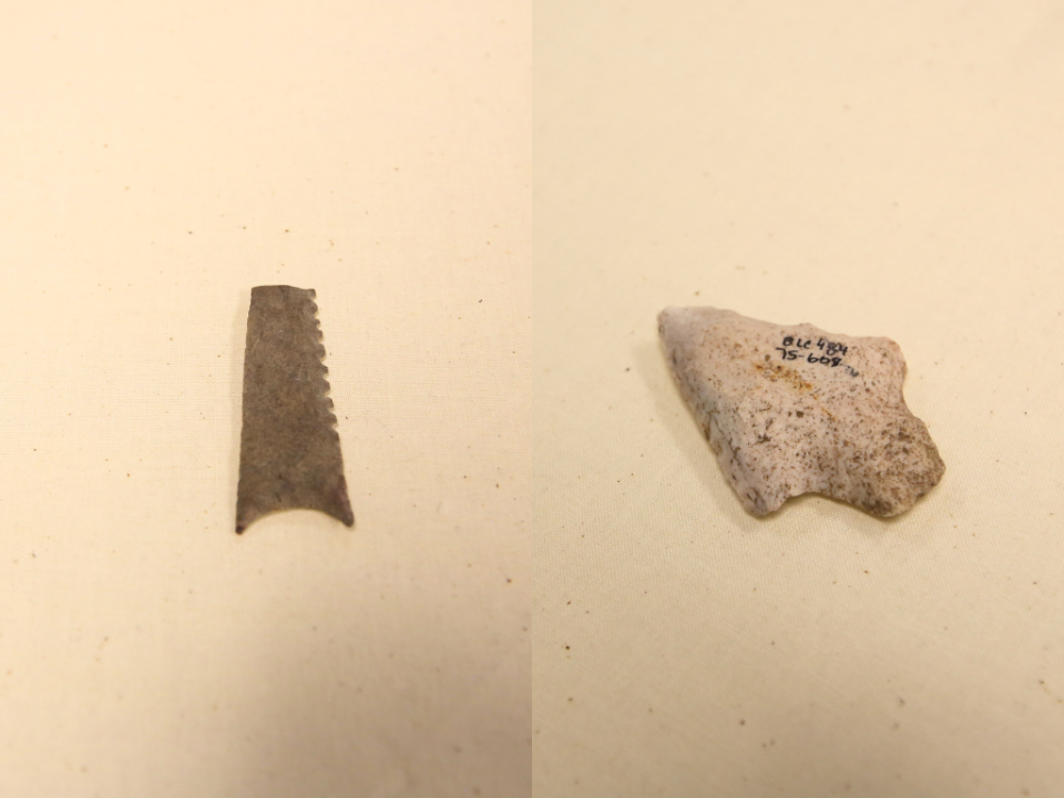 On the left, a Tallahassee point found at Letchworth-Love Mounds from 5,000 BC. On the right, a Florida archaic stemmed point found at Lake Miccosukee.