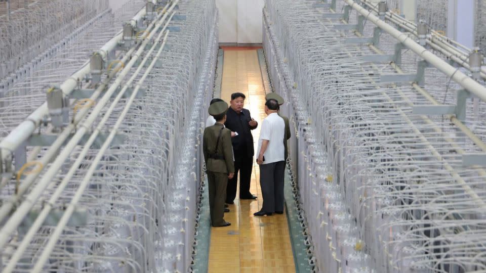 North Korean leader Kim Jong Un visits a uranium enrichment facility, which produces weapon-grade nuclear materials, in a photo published by North Korean state media on Friday, September 13, 2024. No located or date were released for the photos. - KCNA