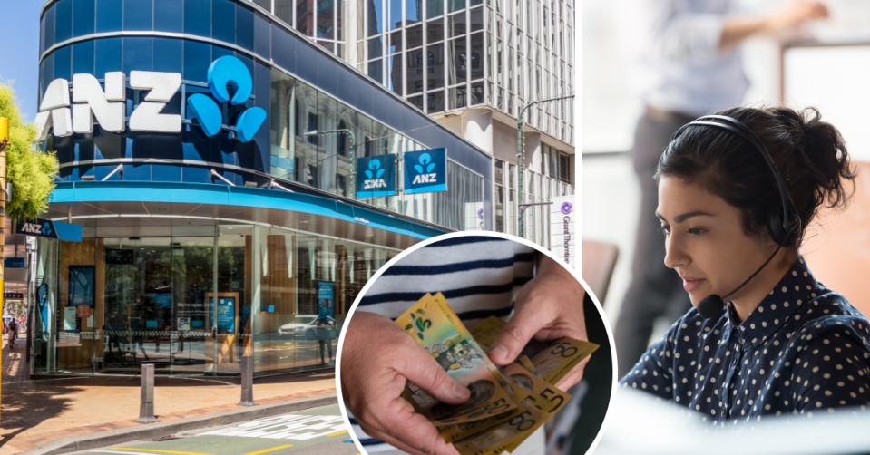 The exterior of an ANZ bank branch, a person holding $50 notes and a woman in a call centre wearing a headset