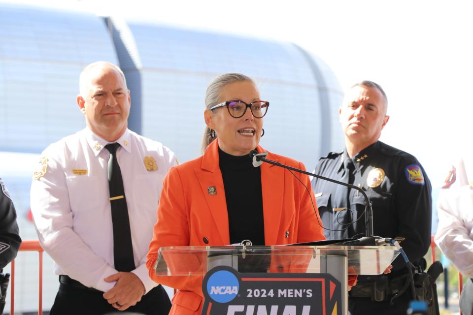 At a news conference overlooking State Farm Stadium in Glendale, Gov. Katie Hobbs on April 1, 2024, discusses the state’s commitment to promote public safety during mega sporting events, like the upcoming NCAA Men’s Basketball Final Four.