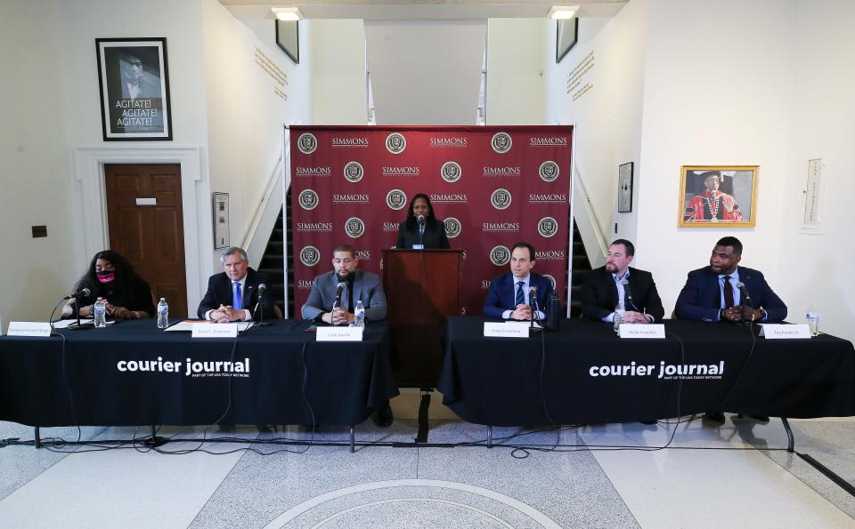 Courier Journal Engagement Editor Veda Morgan moderated the Democratic primary mayoral debate at the Simmons College of Kentucky in Louisville, Ky. on April 12, 2022.