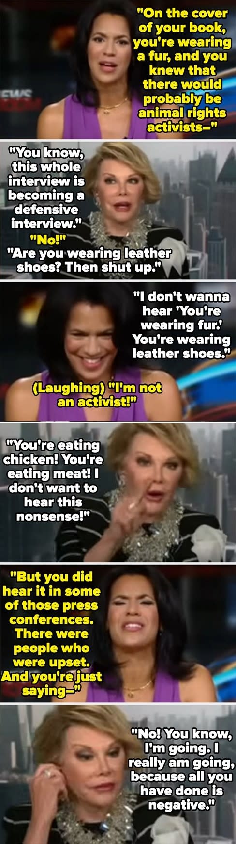 Joan Rivers and an unidentified woman debate animal rights on a TV show. Joan Rivers discredits the woman for contradictions in her activism