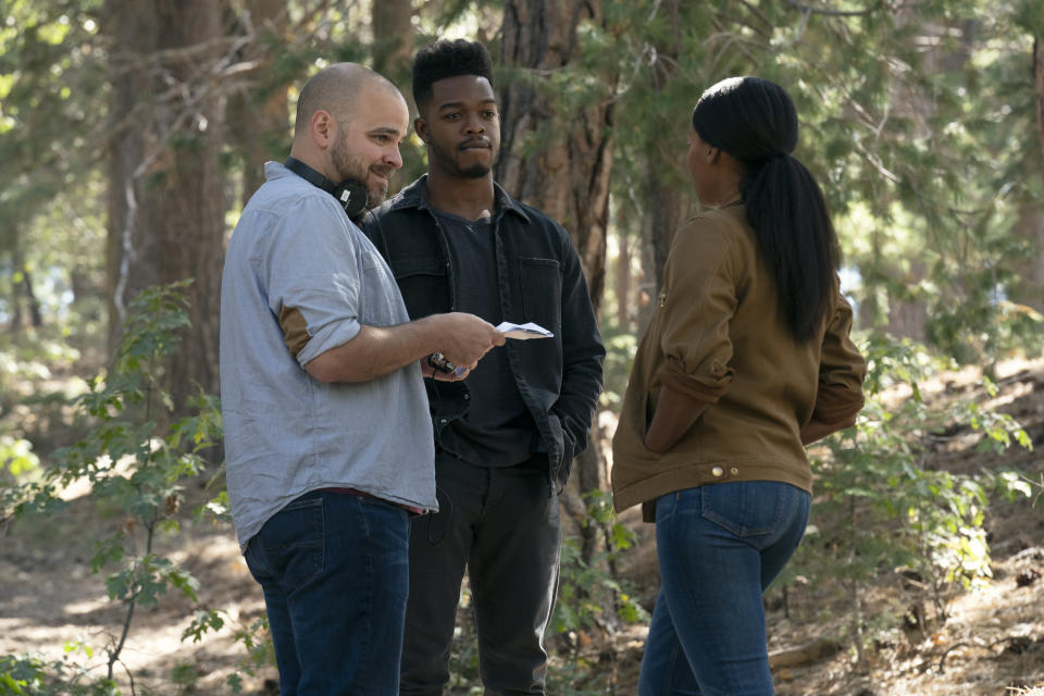 Kyle Patrick Alvarez, Stephan James and Janelle Monáe on the set of "Homecoming." (Photo: Ali Goldstein/Amazon Studios)