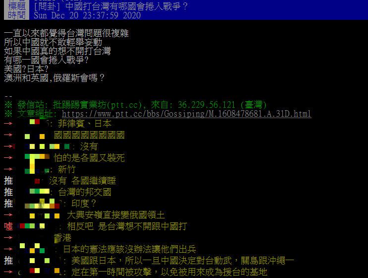 網友猜測哪些國家會援助台灣，但也有網友認為恐怕沒有國家會出兵。（圖／翻攝自PTT）