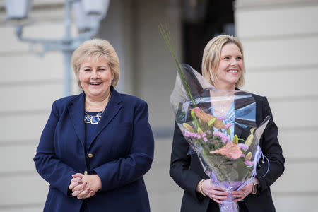 Norway's Prime Minister Erna Solberg introduces Sylvi Listhaug as the new Senior and Public Health Minister in Oslo, Norway May 3, 2019. NTB scanpix/Stian Lysberg Solum via REUTERS