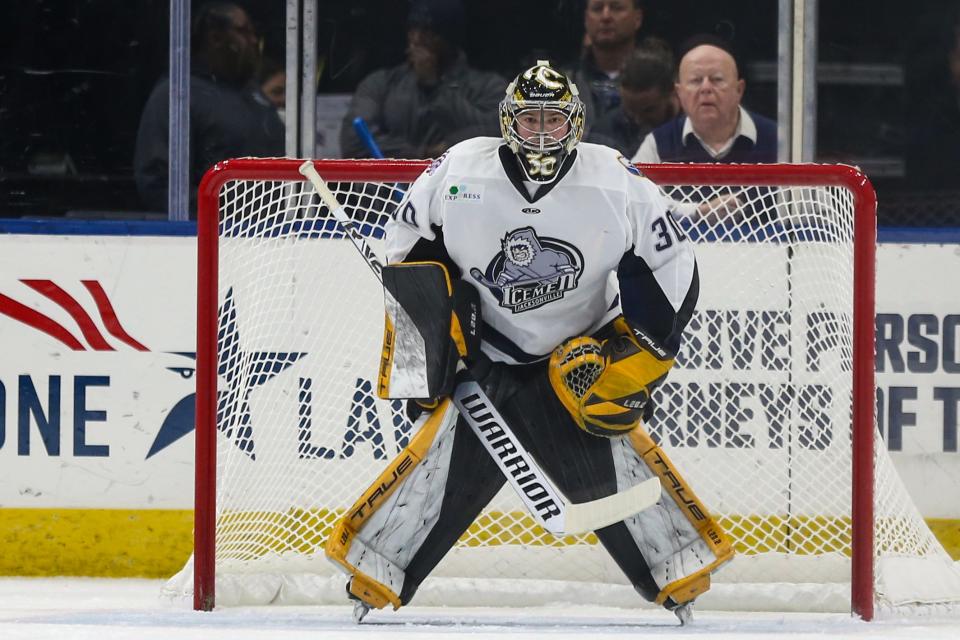 Jacksonville Icemen goalie Matt Vernon in action against the Orlando Solar Bears on November 29 at Veterans Memorial Arena. [Gary Lloyd McCullough/For the Jacksonville Icemen]