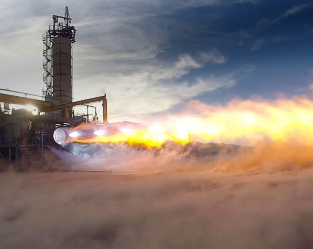 Blue Origin’s BE-4 rocket engine, shown here during a test firing in Texas, is being developed for use on Blue Origin’s New Glenn rocket as well as United Launch Alliance’s Vulcan rocket. (Blue Origin Photo)