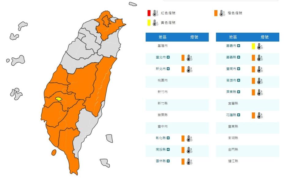 今日全台11縣市亮橘燈，有連續超過36度高溫的機率。取自中央氣象署