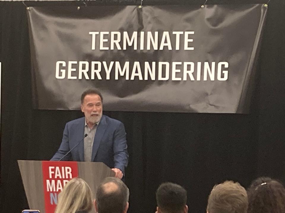Actor and former California Gov. Arnold Schwarzenegger speaks Sunday, March 3, 2024, at an anti-gerrymandering event at the Hilton Columbus Downtown.