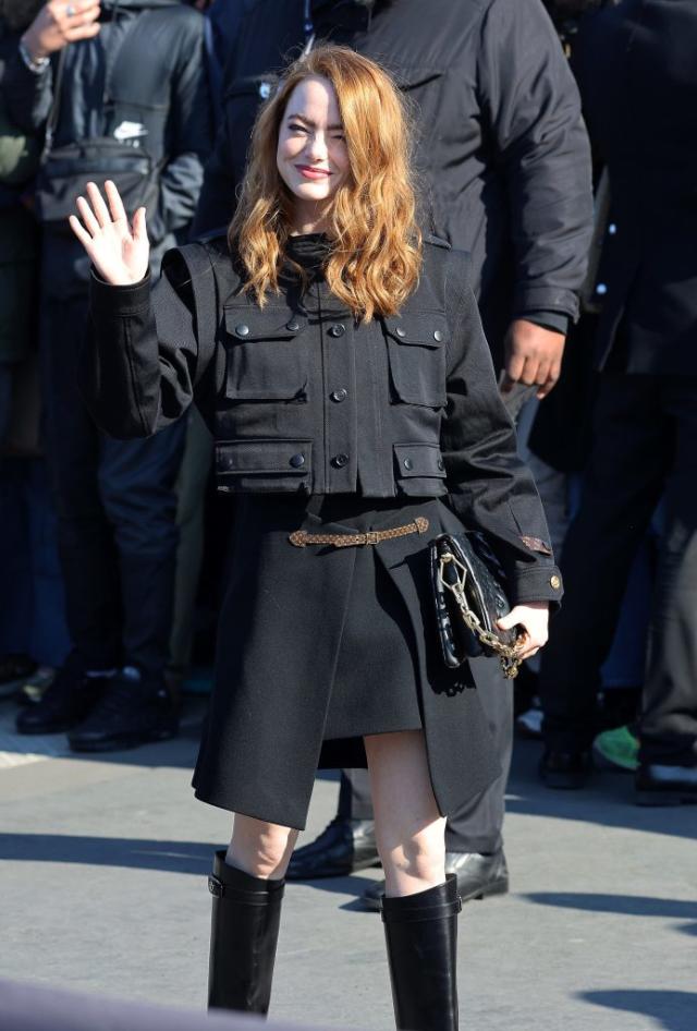 Emma Stone Gets Equestrian in Leather Boots With Mini Skirt & Military  Jacket at Louis Vuitton's Fall 2022 Show