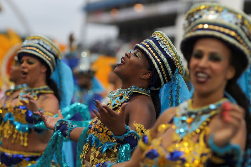 Revellers from Imperio de Casa Verde samba school perform during the first night of the Carnival parade at the Sambadrome in Sao Paulo