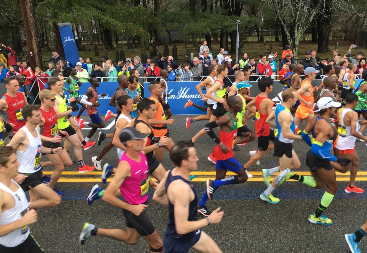 HOPKINTON, MA - APRIL 15: Elite men runners take off at the start of the 123rd Boston Marathon in Hopkinton, MA on April 15, 2019. (Photo by David L. Ryan/The Boston Globe via Getty Images)