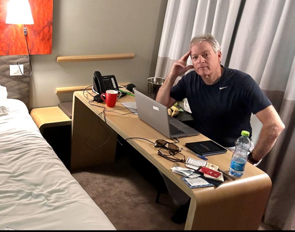 Mark Patinkin in his Jerusalem hotel room working on this series.
