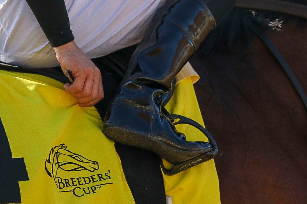 Adam Beschizza aboard Bon Raison (4) fixes his strap prior to the Breeders' Cup Sprint during the 37th Breeders Cup World Championship at Keeneland Race Track.