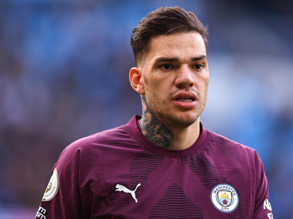Ederson of Manchester City during the Premier League match between Manchester City and Brighton & Hove Albion at Etihad Stadium.