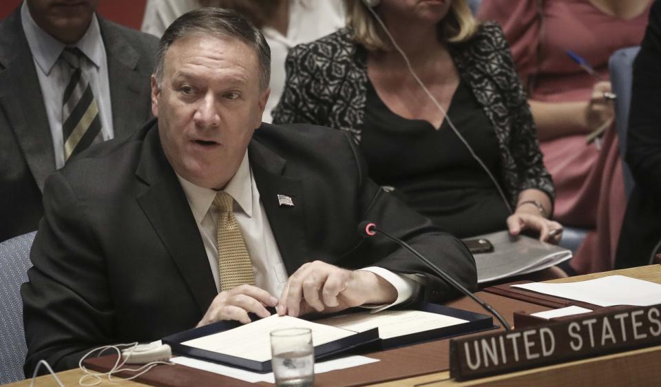 United States Secretary of State Michael Pompeo addresses a meeting of the United Nations Security Council on the Mideast, Tuesday Aug. 20, 2019 at U.N. headquarters. (AP Photo/Bebeto Matthews)