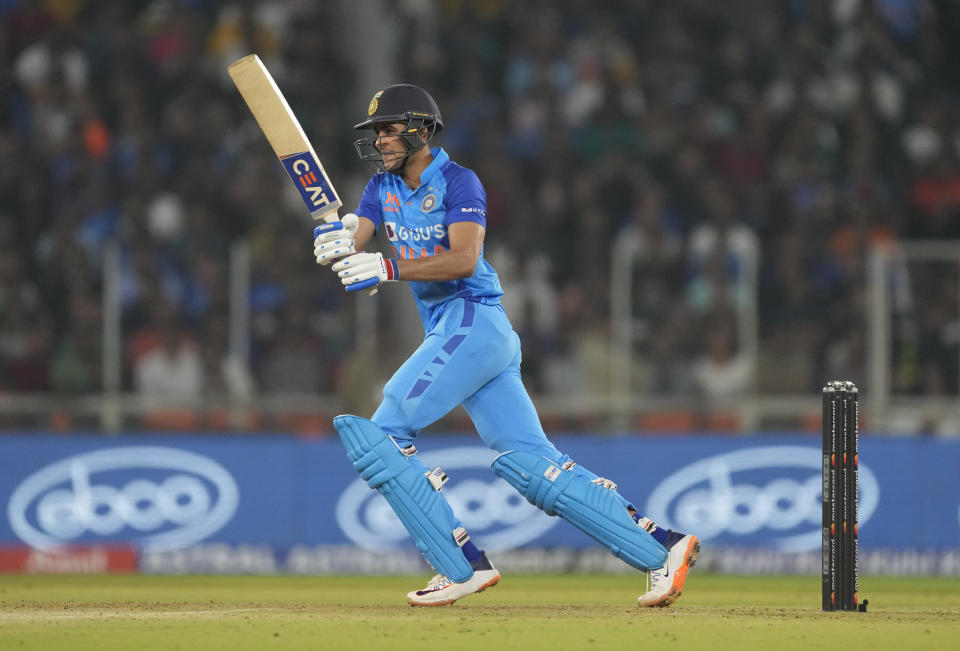 India's Shubhman Gill plays a shot during the third T20 international cricket match between India and New Zealand in Ahmedabad, India, Wednesday, Feb. 1, 2023. (AP Photo/Ajit Solanki)