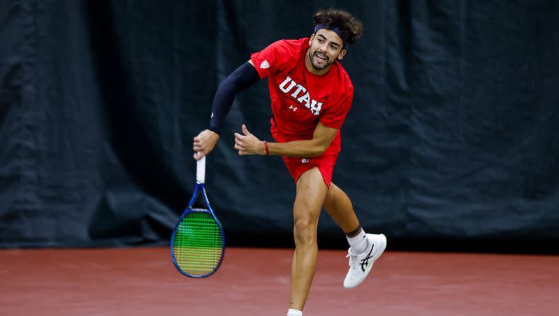 Utah tennis player Geronimo Espin Busleiman serves during a match against UC Davis in Salt Lake City on Jan. 21, 2023. The 19th-ranked Utes will face Old Dominion in the first round of the NCAA tournament Saturday.