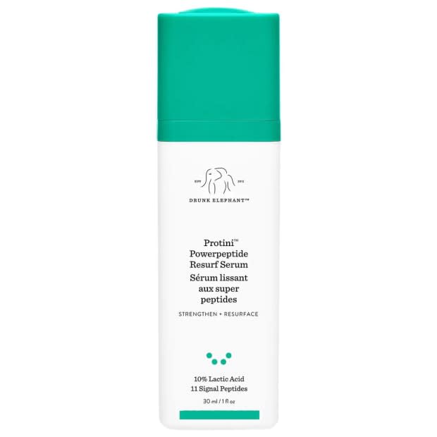 <p><strong>Drunk Elephant Protini Powerpeptide Resurfacing Serum, $82, <a href="https://shop-links.co/1736292915823747007" rel="nofollow noopener" target="_blank" data-ylk="slk:available here;elm:context_link;itc:0;sec:content-canvas" class="link ">available here</a>: </strong>"I was already <a href="https://fashionista.com/2018/02/drunk-elephant-protini-polypeptide-cream-review" rel="nofollow noopener" target="_blank" data-ylk="slk:a huge fan of Drunk Elephant's Protini Cream;elm:context_link;itc:0;sec:content-canvas" class="link ">a huge fan of Drunk Elephant's Protini Cream</a>, so I was super excited when the brand launched this amped-up serum extension of the line. In addition skin-tightening peptides, the super-light formula is also packed with exfoliating, tone-evening, moisture-boosting lactic acid and amino acids, so it gently plumps and smooths skin. It's made for a great addition to my transitional spring skin-care routine." —Stephanie Saltzman, Beauty Director</p>
