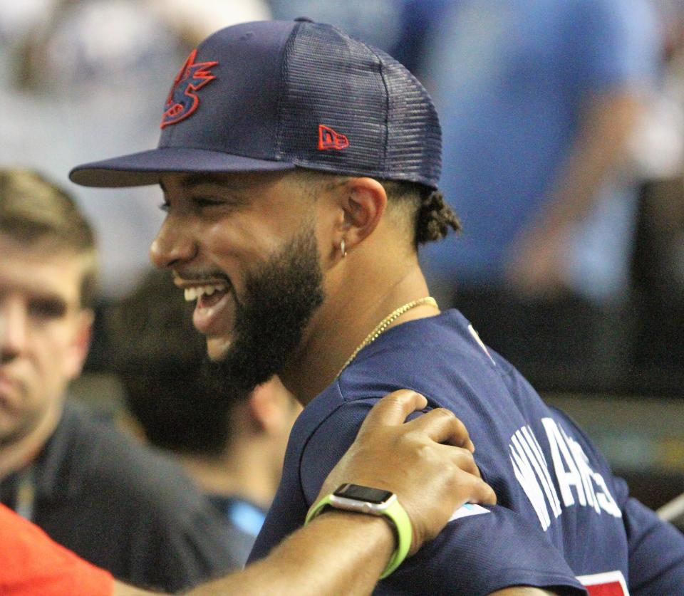 Milwaukee Brewers closer Devin Williams smiles during a chat prior to Team USA's game against Team Mexico during the 2023 World Baseball Classic at Chase Field in Phoenix, Arizona on March 12, 2023.