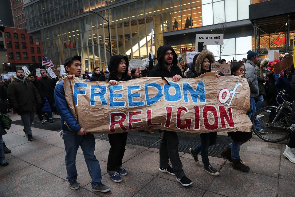 People&nbsp;march in lower Manhattan to protest U.S. President Donald Trump's new immigration policies on January 29, 2017 in New York City.&nbsp;