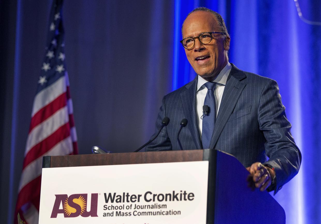 NBC Nightly News anchor Lester Holt gives an acceptance speech after receiving the Walter Cronkite Award for Excellence in Journalism.  The award was presented Nov. 4, 2019, during a luncheon at the Sheraton Phoenix Downtown.