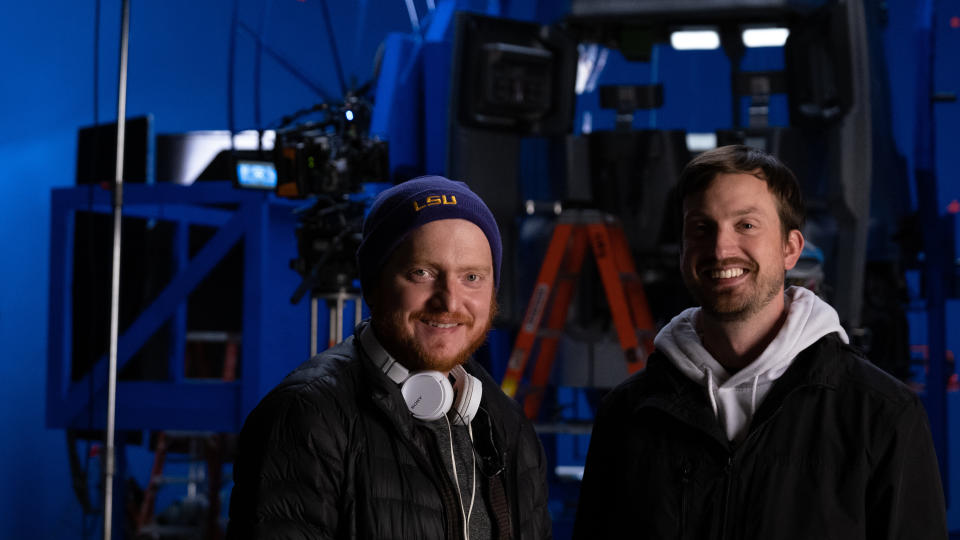 Directors Bryan Woods and Scott Beck on the set of 65.