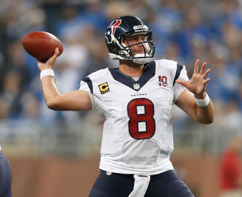 DETROIT, MI - NOVEMBER 22: Matt Schaub #8 of the Houston Texans throws a fourth quarter pass while playing the Detroit Lions at Ford Field on November 22, 2012 in Detroit, Michigan. Houston won the game 34-31. (Photo by Gregory Shamus/Getty Images)