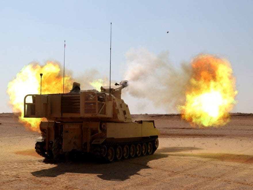 A M109 Paladin from Alpha Battery, 2nd Battalion, 114th Field Artillery Regiment, 155th Armored Brigade Combat Team, Task Force Spartan, fires a high explosive round during the Combined Arms Lived Fire Exercise, part of Bright Star 18.