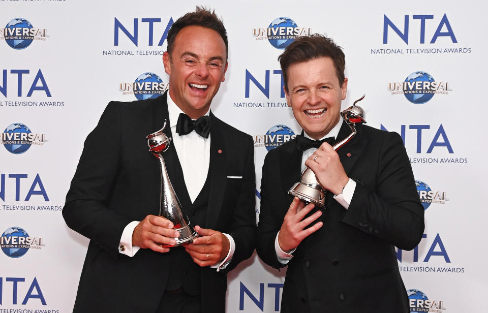 LONDON, ENGLAND - SEPTEMBER 05: Anthony McPartlin and Declan Donnelly (Ant & Dec), winners of the TV Presenter award, pose in the press room at the National Television Awards 2023 at The O2 Arena on September 5, 2023 in London, England. (Photo by Alan Chapman/Dave Benett/Getty Images)