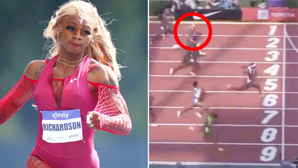 Pictured right, Sha'Carri Richardson labours to a fifth-placed finish in her 100m heat at the US championships.